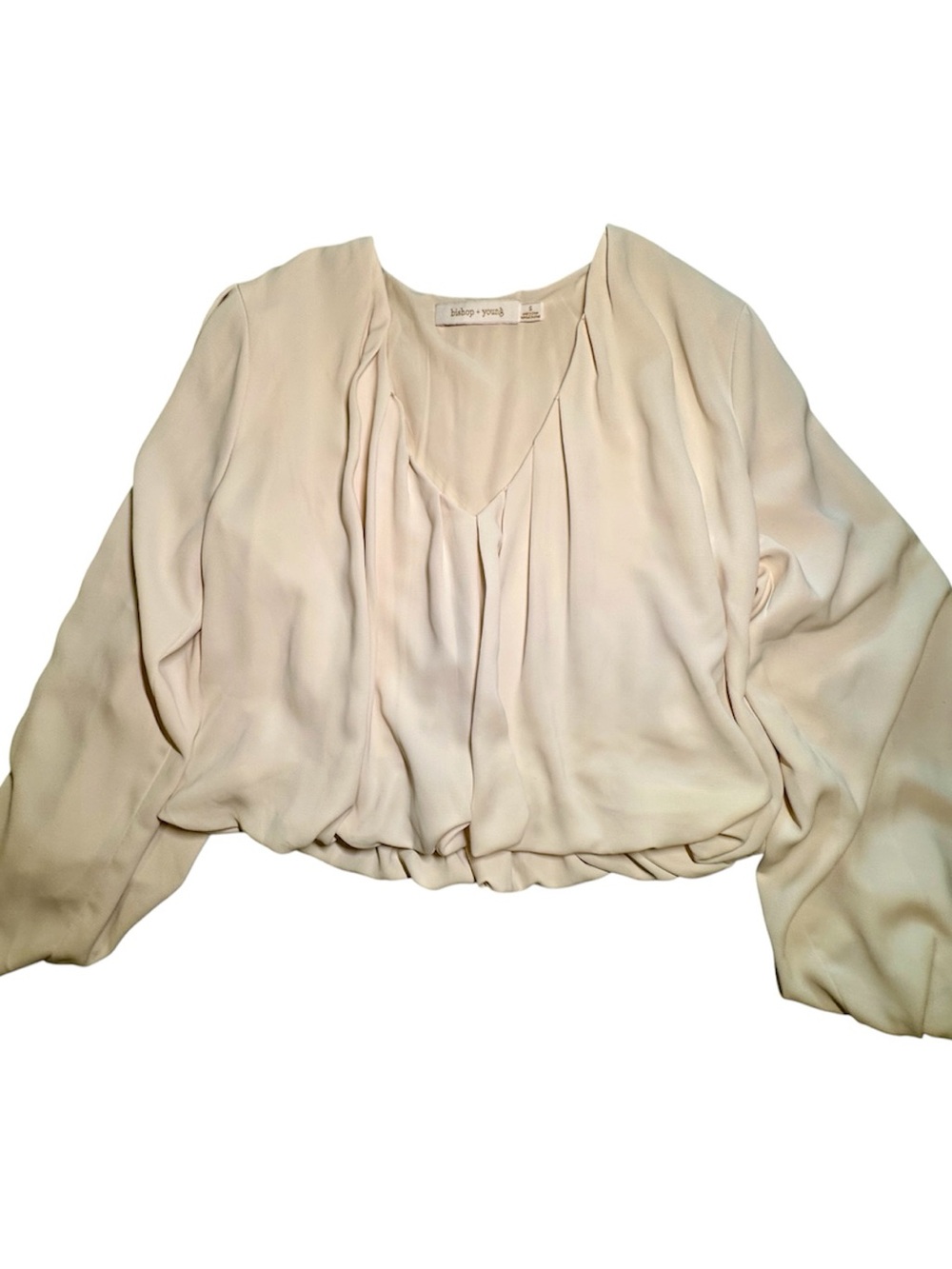 Bishop + Young Ivory Draped Peplum Blouse Long Sleeve Size Small